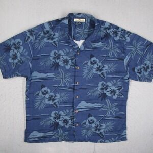 Tommy Bahama Mens XXL Blue Silk Hibiscus Palm Tree Camp Loop Collar Shirt